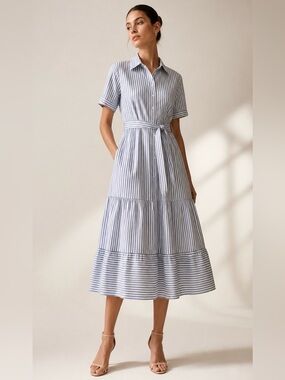 Striped Button-Front Midi Dress with Tie Waist - Blue/White